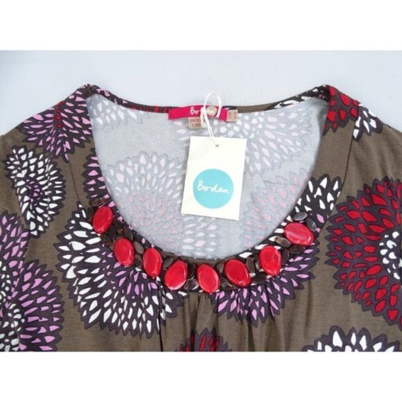 New Boden US 14 Maroon Beaded Scoop Neck Floral Print Viscose Empire Waist Dress - Picture 2 of 8